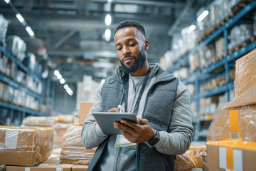 A man stands in a warehouse, using a tablet to manage inventory among stacked boxes and shelves.