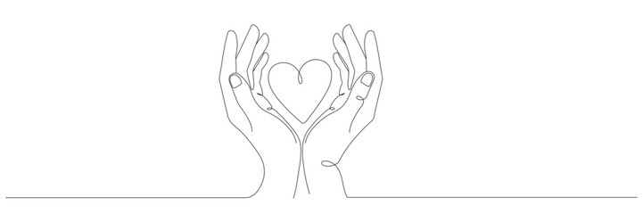 Obraz premium Vector illustration in line art style: two hands holding a heart. Editable line.