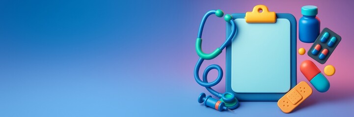 Medical clipboard with stethoscope, pills, syringe, bottle, and bandage on colorful gradient background with copyspace for healthcare design. Ai generative