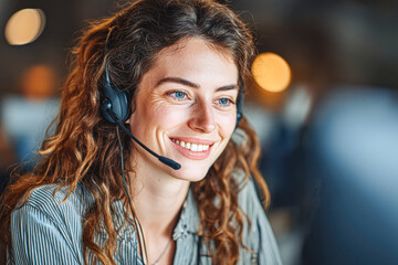 A smiling woman with curly hair wearing a headset, engaged in conversation, highlighting customer service and professionalism in a modern office setting.