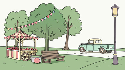 Obraz premium Park Scene with Vintage Car Gazebo and Festive Bunting.