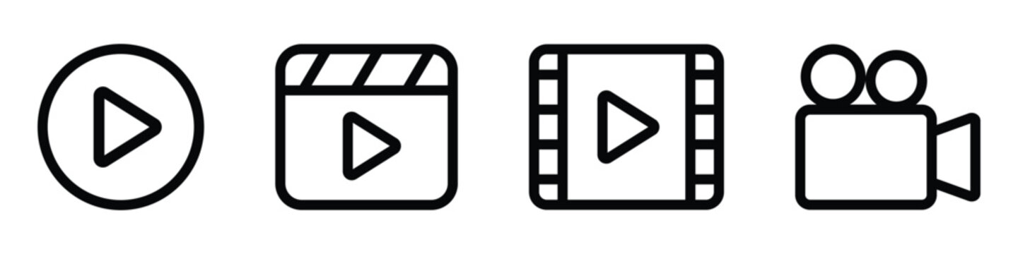 Video icons. Simple video camera or multimedia player symbol for app, UI and website. Transparent PNG and vector
