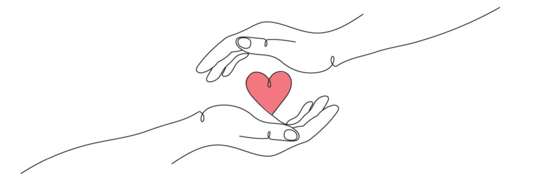 Vector illustration in line art style: two hands holding a heart. Editable line.