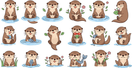 Cute otter character mega set with flowers leaves water poses cartoon aquatic animal mascot vector illustration © Sumon Creative