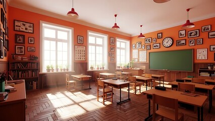 A well-lit classroom with desks and a blackboard is filled with educational posters and natural light through large windows on a sunny day with several clocks.