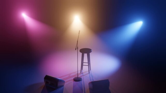 Stage setup for stand-up comedy show with colorful lighting effects