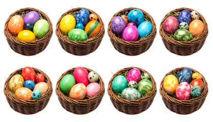 Collection of Colorful Easter Eggs in Wicker Baskets