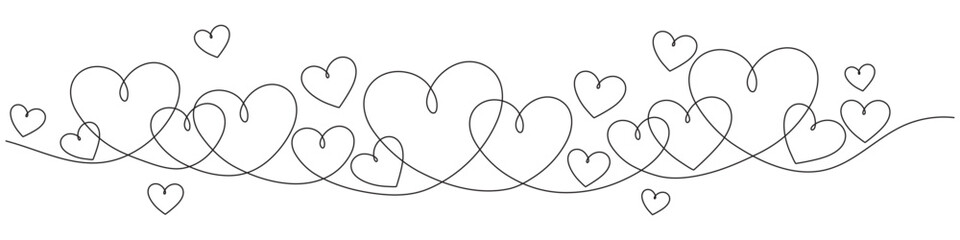 This continuous single-line graphic depicts multiple hearts intertwined with a single black line. Editable line