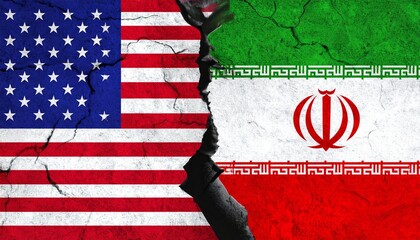 US and Iran flags split by jagged crack, symbolizing geopolitical tension and ideological division.