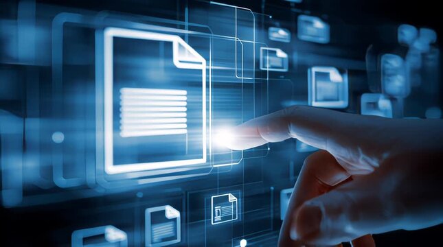 Digital Document Touch Interface Futuristic Technology Data Files Business Analytics Cloud Computing Innovation Cybersecurity Stock Video Footage for Websites Apps Presentations