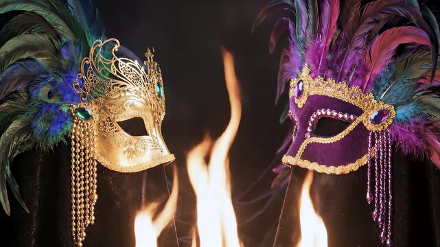 Pair of ornate Venetian masquerade masks with gold and purple velvet texture on black fabric. Features colorful feathers, gemstone jewelry and hanging beads for Mardi Gras carnival celebration.