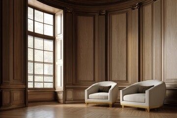 Elegant room with two armchairs and a large window.