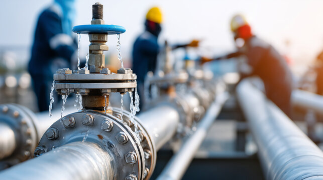 Assembly of pipes with high-pressure steam bursting from a bottleneck valve. Engineers in safety gear scramble. Industrial lighting and texture detail.