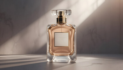 Elegant Glass Perfume Bottle on Table with Soft Natural Light