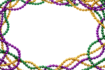 Mardi Gras beads frame featuring colorful beads border isolated on transparent background with copy space for festive carnival celebration design.