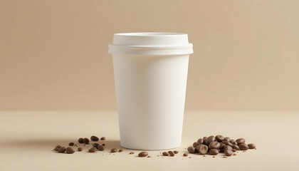 Minimalist White Coffee Cup with Coffee Beans on Neutral Background