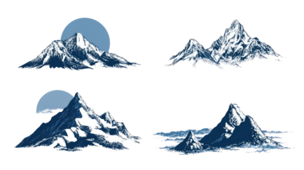 Vector illustration of a cold winter landscape featuring high snowy mountain peaks and a glacier under a cloudy sky