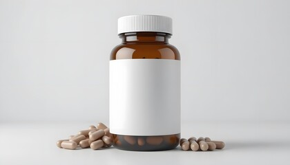 Brown pill bottle with blank label surrounded by capsules on white