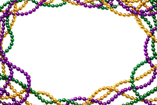 Mardi Gras beads frame featuring colorful beads border isolated on transparent background with copy space for festive carnival celebration design.
