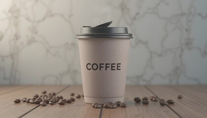 Hot Coffee Cup on Wooden Table with Coffee Beans in Background