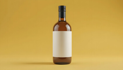 Brown Glass Bottle with Blank Label on Yellow Background