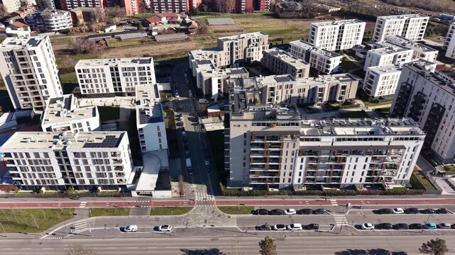 Aerial drone footage of a modern residential quarter in Santa Giulia, Milan, Italy.
