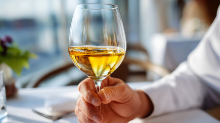 Faceless shot: a persons hands checking the color of white wine against a white tablecloth in a Michelin star restaurant, soft morning light, sommelier practice, sharp focus on th