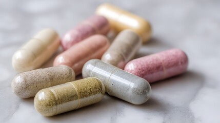 Close-up of various colorful pills arranged on a white marble surface