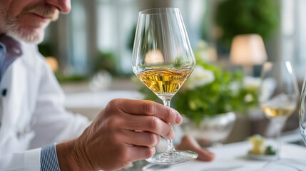 Faceless shot: a persons hands checking the color of white wine against a white tablecloth in a Michelin star restaurant, soft morning light, sommelier practice, sharp focus on th
