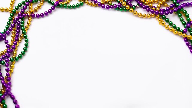 Mardi Gras beads frame featuring colorful beads border isolated on white background with copy space for festive carnival celebration design.
