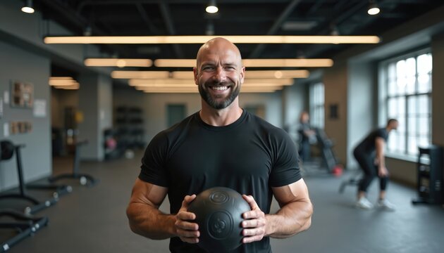 Muscular bald man holds medicine ball in gym. He smiles, wearing black t-shirt. Other people train in background. Fitness trainer ready for workout session. Healthy male lifestyle.