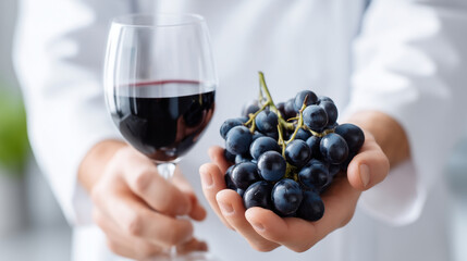 Close-up of faceless hands of a winemaker showing a handful of dark grapes next to a glass of wine, terroir and production, soft natural light, sharp focus on the fruit and the liq