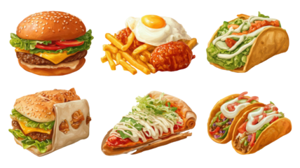 A delicious fast food set featuring a gourmet hamburger with meat, cheese, lettuce, and tomato on a bun, served with a healthy salad and pizza on a white plate for an isolated lunch meal snack