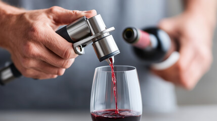 Close-up of faceless hands using a Coravin system to pour wine without removing the cork, high-tech wine preservation, modern cellar, sharp focus on the device and thin stream of w