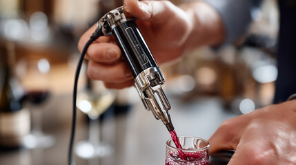 Close-up of faceless hands using a Coravin system to pour wine without removing the cork, high-tech wine preservation, modern cellar, sharp focus on the device and thin stream of w