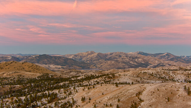 Aerial view of the Montana mountains near Helena at sunset in December