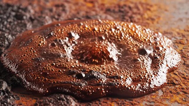 Close Up Of Crude Oil Droplet On Textured Rusty Surface.