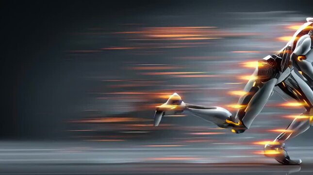High-speed humanoid robot running with blazing energy trails symbolizing the rapid acceleration and explosive growth of artificial intelligence