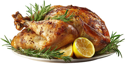 Gourmet roasted chicken with potatoes and vegetables served on a white plate as a delicious cooked poultry meal for dinner or lunch