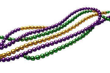 Colorful Mardi Gras beads necklace hanging on transparent background. Festive carnival decoration string in purple green and gold color. Traditional holiday party accessory isolated for celebration.