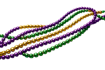 Colorful Mardi Gras beads necklace hanging on transparent background. Festive carnival decoration string in purple green and gold color. Traditional holiday party accessory isolated for celebration.