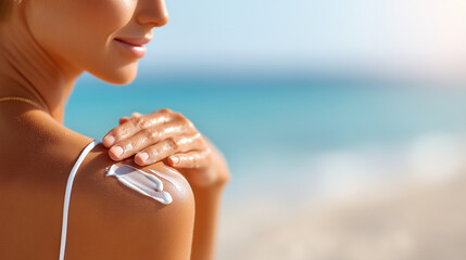 Faceless young woman applying sun cream sunscreen on tanned shoulder, skin protection stock photo, sunny day beach care, SPF lotion, UV defense, defocused sand background, with cop