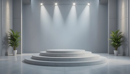 Elegant Modern Stage with Spotlights and Green Plants in Background