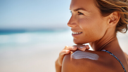 Faceless young woman applying sun cream sunscreen on tanned shoulder, skin protection stock photo, sunny day beach care, SPF lotion, UV defense, defocused sand background, with cop