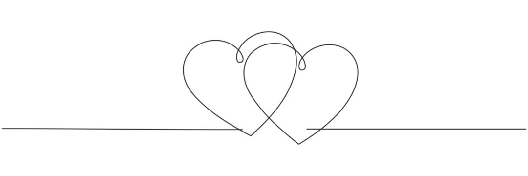 A continuous line drawing of two hearts. Wavy line art of a double heart. Concept of a love relationship. Vector illustration, editable line art.