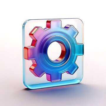 Neomorphic 3D Settings Icon: Abstract Gear Symbol in Iridescent Glass for Technology, Development, and System Process.