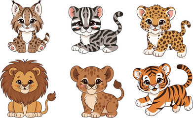 Cute wild cat cub character set featuring lion leopard tiger lynx cartoon animal mascot vector illustration