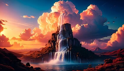 Monumental Waterfall Cascading Down a Cliff Under Epic Sunset Cumulus Clouds. Fantasy Nature Landscape Illustration.