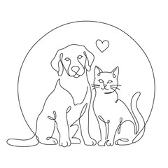 A continuous line drawing of a cat and dog sitting together. A decorative line art logo for a pet store or veterinary clinic. Editable vector illustration.
