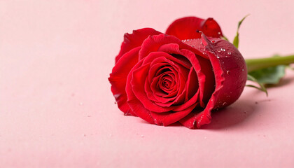 Single red rose on pink background for International Women&rsquo;s Day, with copy space
